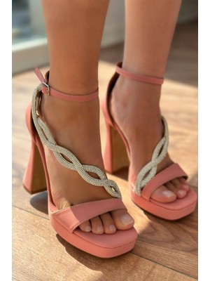 Tansor Saten Taş Detaylı Platform Topuklu Ayakkabı Pudra