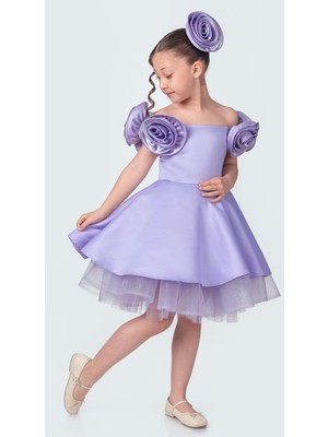 Babyaden Gül Detaylı Tokalı Kayık Yaka Saten Kabarık Abiye Doğum Günü Parti Kostüm Kız Çocuk Elbise