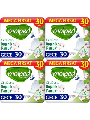 Molped Pure&Soft Gece Hijyenik Ped 120 Adet (4pk*30) Cilt Dostu Ultra Yumuşak Yapı ile Güvenli Koruma