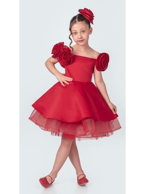 Babyaden Gül Detaylı Tokalı Kayık Yaka Saten Kabarık Abiye Doğum Günü Parti Kostüm Kız Çocuk Elbise