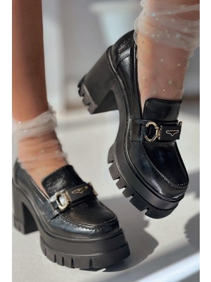 Volia Kalın Taban Topuklu Kadın Loafer Siyah Mat Rugan