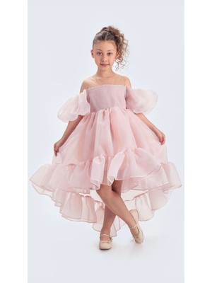 Babyaden Kuyruklu Karolin Kumaş Düşük Balon Kollu Doğum Günü Abiye Kostüm Kız Çocuk Elbise