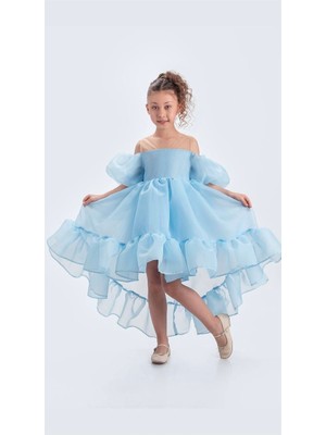 Babyaden Kuyruklu Karolin Kumaş Düşük Balon Kollu Doğum Günü Abiye Kostüm Kız Çocuk Elbise