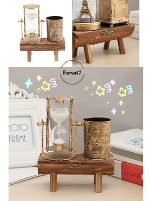 Ahşap Antika Tasarımlı Dekoratif  Kalemlik ve Kum Saati Dekorasyon Ev Ofis Sevgiliye Hediyelik