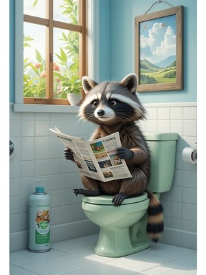 Bedeko Tuvalette Oturan Rakun Ahşap Tablo