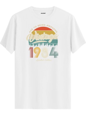 Colermi Vintage Tişört Nostalji 1984 Doğum Tarihli Bisiklet Yaka  Basic Tişört Vintage Tasarım Tişört