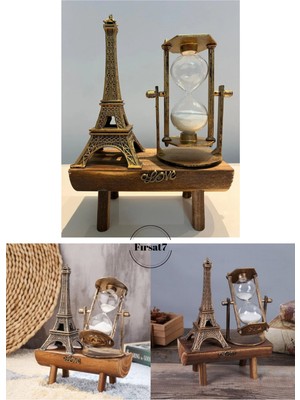 Fırsat7 Dekoratif Ahşap Tasarım Eyfel Kulesi ve Kum Saati Metal-Ahşap 1 Parça Renkli Hediye