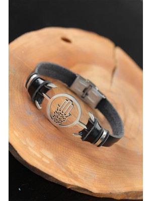 Silver Renk Fatma Ana Eli Metal Aksesuarlı Siyah Renk Deri Erkek Bileklik