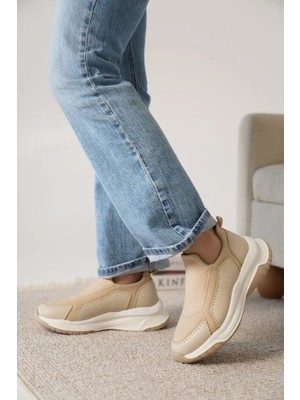 Kendy Premium Bej Streç Detaylı Kadın Sneaker