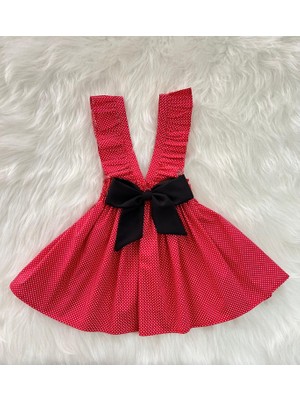 Eylülce Butik Kız Çocuk Kırmızı Puantiye Desenli Siyah Fiyonklu Fırfır Askılı Salopet Elbise (%100 Pamuk Kumaş)