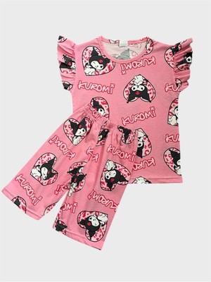 Kız Çocuk Pamuklu Pembe Renk Kuromi Desenli Kısa Kollu Yazlık Şortlu Pijama Takımı