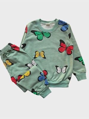 Kız Çocuk Pamuklu Şardonlu Yeşil Kelebek Desenli Uzun Kollu Kışlık Pijama Takımı