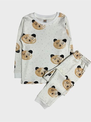 Kız Çocuk %100 Pamuklu Beyaz Ayıcık Desenli Uzun Kollu Kışlık Pijama Takımı