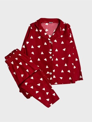 Kız Çocuk Pamuklu Süet Kırmızı Kalp Desenli Gömlek Yaka Boydan Düğmeli Uzun Kollu Pijama Takımı