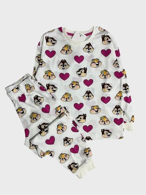 Kız Çocuk %100 Pamuklu Beyaz Kalp Kedi Desenli Uzun Kollu Pijama Takımı