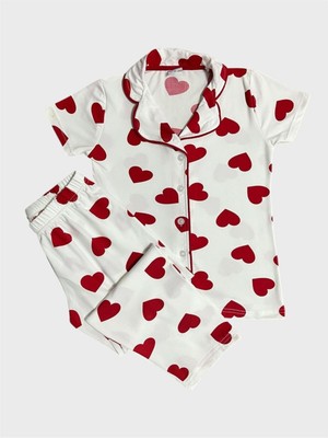 Kız Çocuk %100 Pamuklu Beyaz Kalp Desenli Gömlek Yaka Düğmeli Kısa Kollu Pijama Takımı