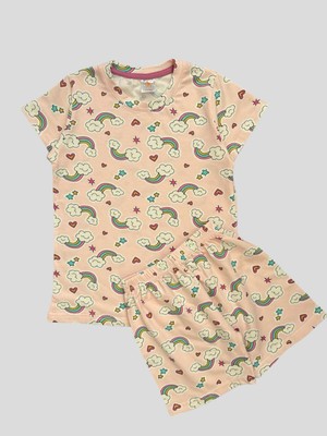 Kız Çocuk %100 Pamuklu Pembe Gökkuşağı Desenli Kısa Kollu Şortlu Yazlık Pijama Takımı