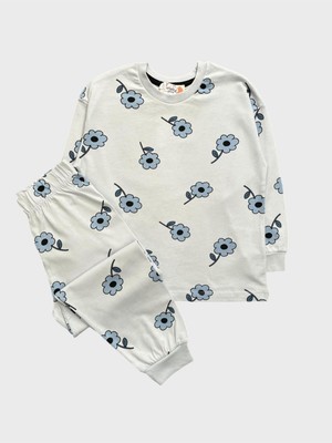 Kız Çocuk Pamuklu Mavi Çiçek Desenli Uzun Kollu Pijama Takımı