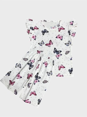 Kız Çocuk Pamuklu Beyaz Kelebek Desenli Kısa Kollu Şortlu Yazlık Pijama Takımı