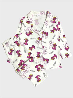 Kız Çocuk %100 Pamuklu Şardonlu Beyaz Sevimli Kediler Desenli Gömlek Yaka Düğmeli Pijama Takımı