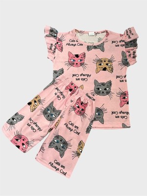 Kız Çocuk Pamuklu Pembe Kedi Desenli Kısa Kollu Şortlu Yazlık Pijama Takımı