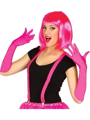 Bfs   Fuşya Renk Saten Uzun Eldiven ve Küt Parti Peruğu