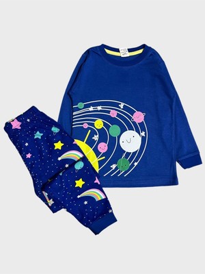 Kız Çocuk %100 Pamuklu Lacivert Gezegen Yıldız Desenli Uzun Kollu Pijama Takımı