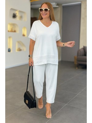 Veraura Lifestyle Kadın Kısa Kollu V Yakalı Pul Payetli Viskon Iki Iplik Bluz ve Pantolon Ikili Takım