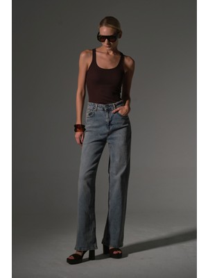 Üksek Bel, Esnek Denim Kumaş Geniş Paça Palazzo Kadın Kot Jean Pantolon @cesena