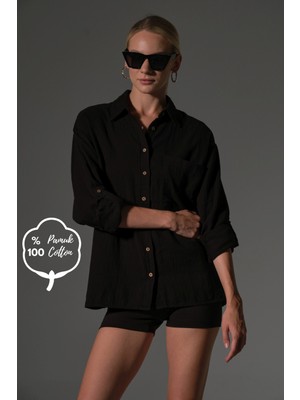 %100 Pamuk Açma Yapmaz Müslin Kumaş Katlanabilir Kol Apoletli Yazlık Kadın Gömlek @sintra