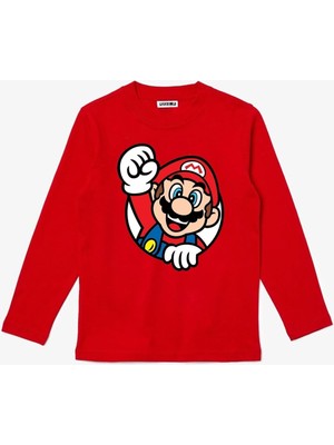 Uzun Kollu Mario Baskılı Pamuklu Çocuk Tişört