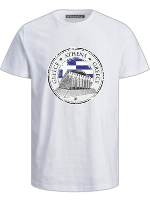 Greece Athens Atina Logolu Ἀκρόπολις Baskılı Pamuklu Tshirt