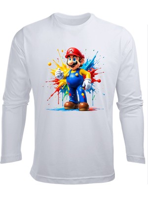 Uzun Kollu Renkli Mario Baskılı Çocuk Pamuklu Tişört