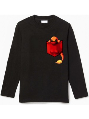 Uzun Kollu Charmander Cep Baskılı Çocuk Pamuklu Tişört