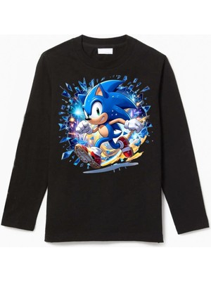 Uzun Kollu Koşan Sonic Baskılı Pamuklu Çocuk Tişört