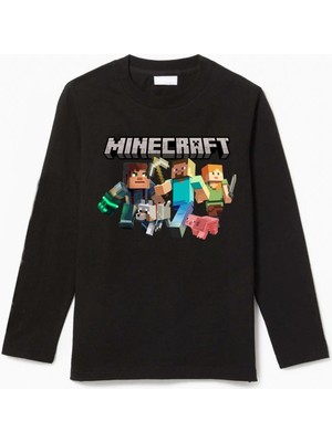 Uzun Kollu Mine Craft Karakterleri Uzun Kollu Baskılı Çocuk T-Shirt