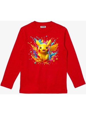 Uzun Kollu Pikachu Pokemon Renkli Arkafon Baskılı Renkli Pamuklu Çocuk Tişört
