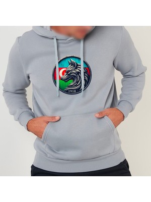 Azerbeycan Kurt Bayrak Baskılı Kapüşonlu Hoodie Sweatshirt
