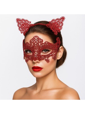 Skygo Romantik Kırmızı Dantel Maske Seti – Kedi Kulaklı Taç ve Maske 3 No