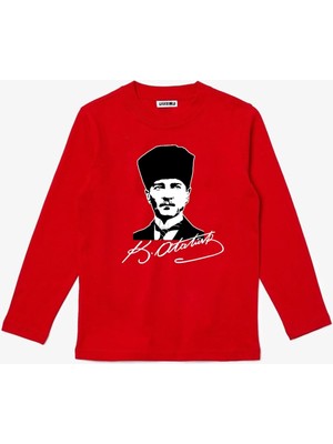 Uzun Kollu Mustafa Kemal Atatürk Imza Görselli Çocuk Pamuklu T-Shirt
