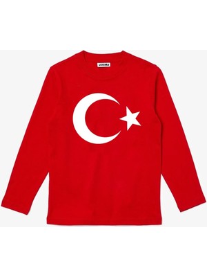 Uzun Kollu Ay-Yıldız Bayrak Baskılı 29 EKİM Baskılı Pamuklu Çocuk Tişört