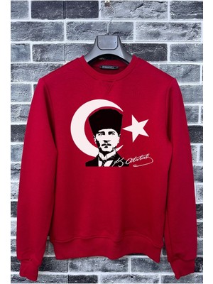  Atatürk ve Bayrak Baskılı Imzalı 29 EKİM  Kapüşonsuz Sweatshirt