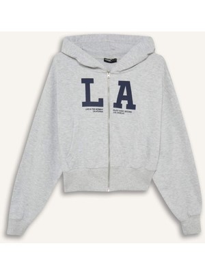 DeFacto Kadın Cropped Fit Kapüşonlu Gri Sweatshirt Uzun Kol Baskılı Fermuarlı Tasarım F8911AX25WN