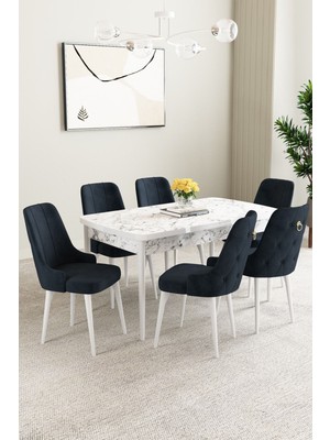 Clara Beyaz Mermer Desen 80X132 Açılabilir Mdf Masa Yemek Odası Takımı,mutfak Takımı 6 Adet Sandalye