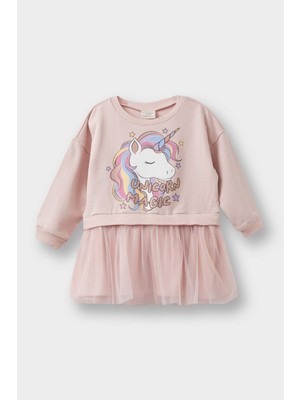 DeFacto Unicorn Baskılı Uzun Kollu Tül Elbise Kız Bebek F7092A525AU