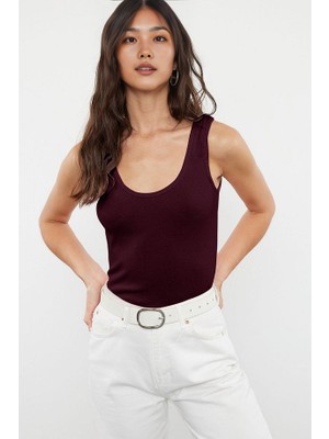 Bordo Fitted Havuz Yaka Fitilli Esnek Örme Atlet