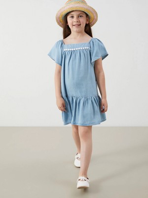 Lcw Kids Mavi Çiçek Nakışlı Kız Çocuk Jean Elbise