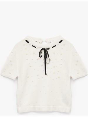 Inci Detaylı Fiyonklu Kısa Kollu Bisiklet Yaka Triko Kazak