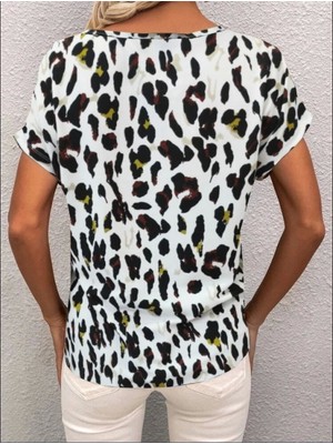 Leopar Desenli Kadın Kısa Kollu Bluz