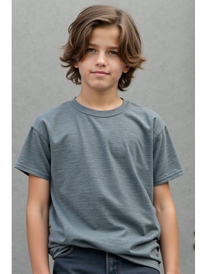Cloise Boyama Gri %100 Pamuk Çocuk T-Shirt Unisex Kız Erkek Standart Kalıp Kısa Kol